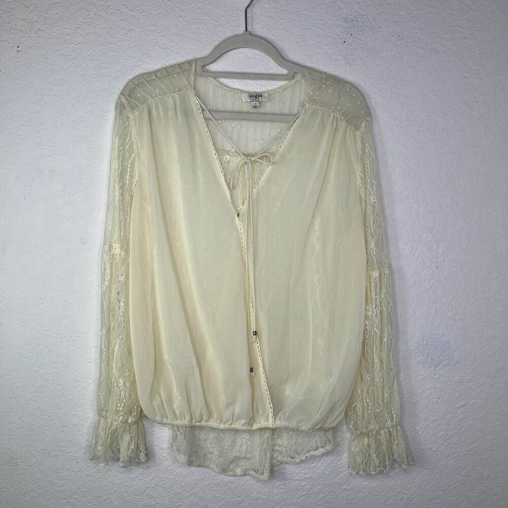 Umgee Ivory Sheer Lace Blouse Size S Long Sleeve romantic retro cross over front